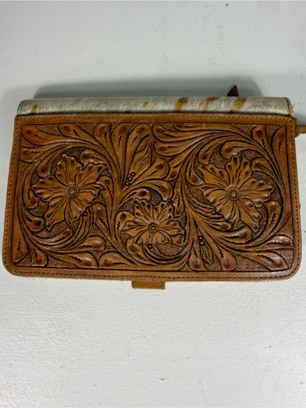 Nocona Tooled Floral Leather Wristlet - Tan with Cream Accent